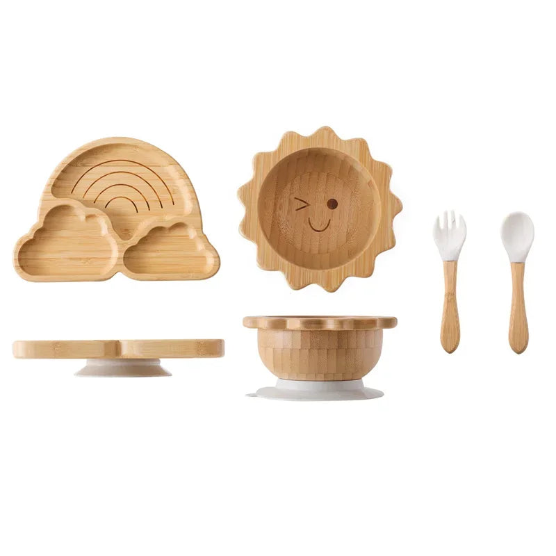 4pcs Bamboo Plate Sets Customized Baby Feeding Bowl Car Cloud Shaped Plate Spoon Fork Tableware Suction Plate Bowl Feeding Set