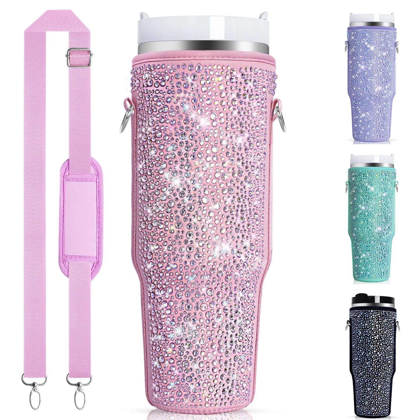 1 water bottle bag with sparkling diamond, suitable for Stanley 40oz water bottle holder bag with handle and adjustable strap