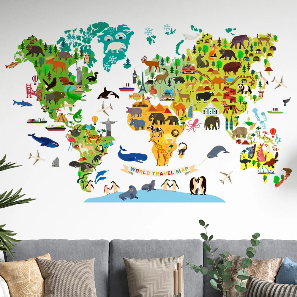 World Travel Map Block Wall Stickers Removable Decal for Display Window Nursery Study Room Decor Art Self-adhesive Posters Mural