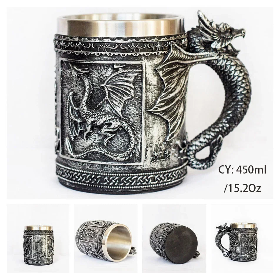 Coolest Gothic Skull Resin Stainless Steel Beer Mug Dragon Knight Tankard Halloween Coffee Cup Christmas Tea Mug Pub Bar Decor