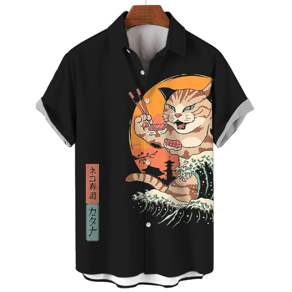 Fashion Men's Shirt Cool Samurai Cat Tops Summer New Men's Clothing Casual Short-Sleeved Buttons Loose Blouse Hawaiian Shirts