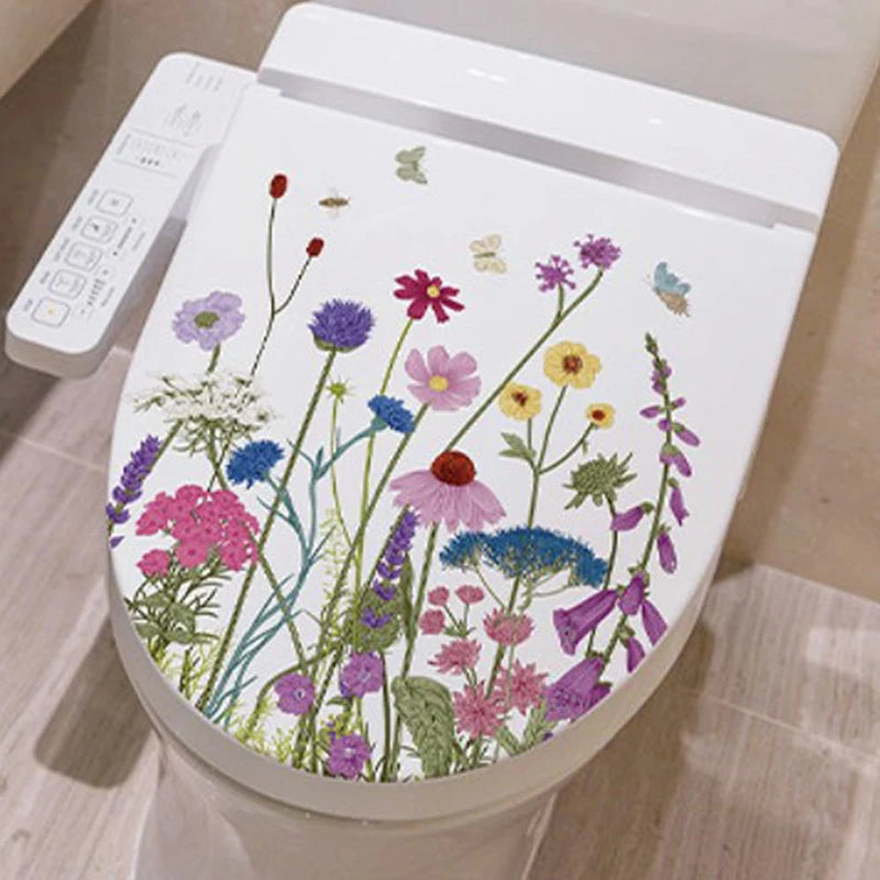 Flower Grass Bird Toilet Sticker Self Adhesive Paintings Removable Bathroom Decal Decorative Room Decor Windows Stickers