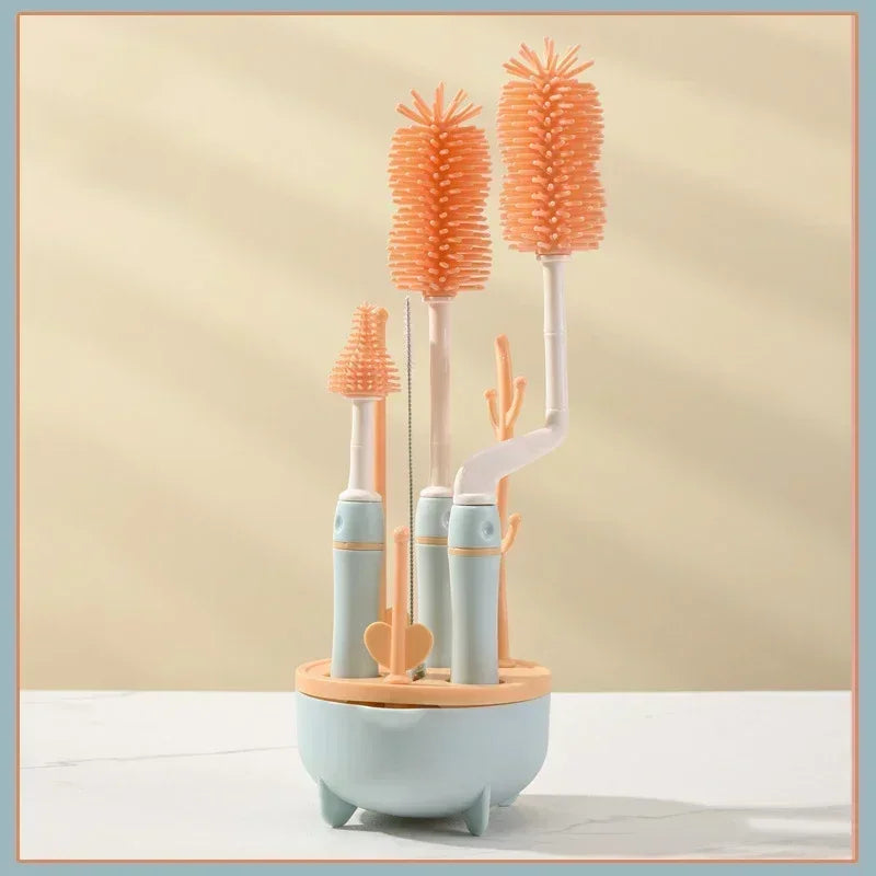 Baby Silicone Bottle Brush Long Handle Cleaning Brush Drying Rack Combination 360-degree Rotating Cleaning Bottle Brush Set