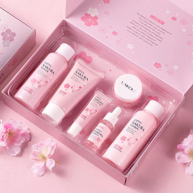 LAIKOU Sakura Skin Care Sets Facial Cleanser Eye Creams Face Cream Serum Lotion Toner Brightening Moisturizing Face Care Kit