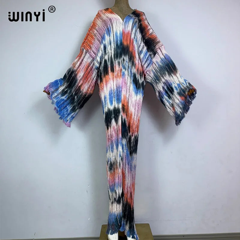 WINYI fashion print summer V-neck Knitted hollow sexy long dress Elegant party Evening dress Women Beachwear long sleeve dress