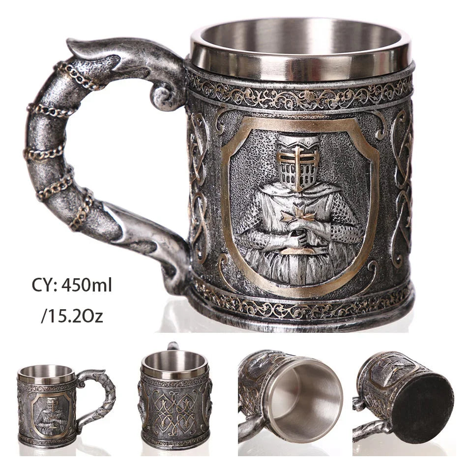 Coolest Gothic Skull Resin Stainless Steel Beer Mug Dragon Knight Tankard Halloween Coffee Cup Christmas Tea Mug Pub Bar Decor