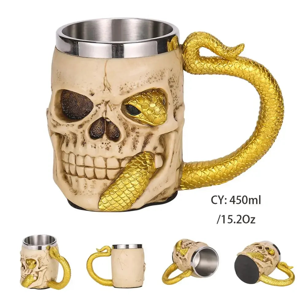 Coolest Gothic Skull Resin Stainless Steel Beer Mug Dragon Knight Tankard Halloween Coffee Cup Christmas Tea Mug Pub Bar Decor