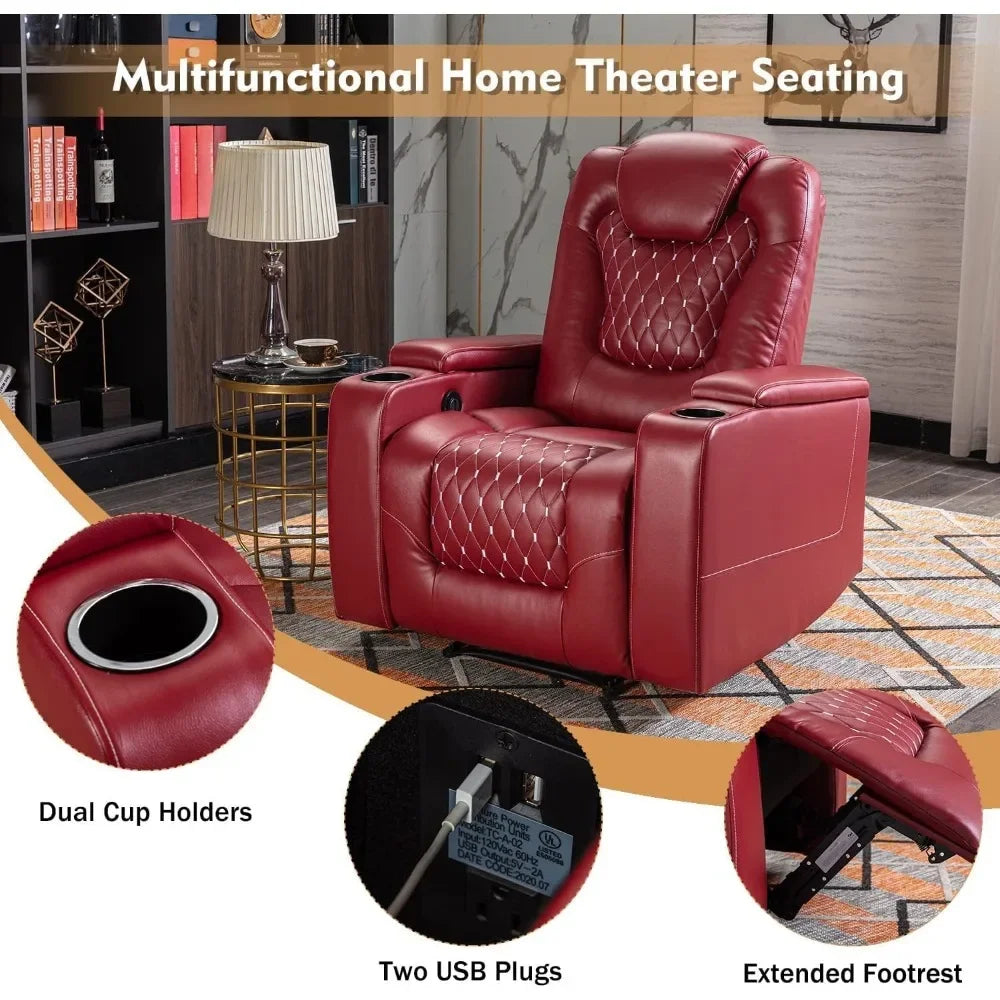 Power Recliner Chair With USB Ports And Cup Holders - Overstuffed Electric Home Theater Seating PU Leather Reclining Furnitu