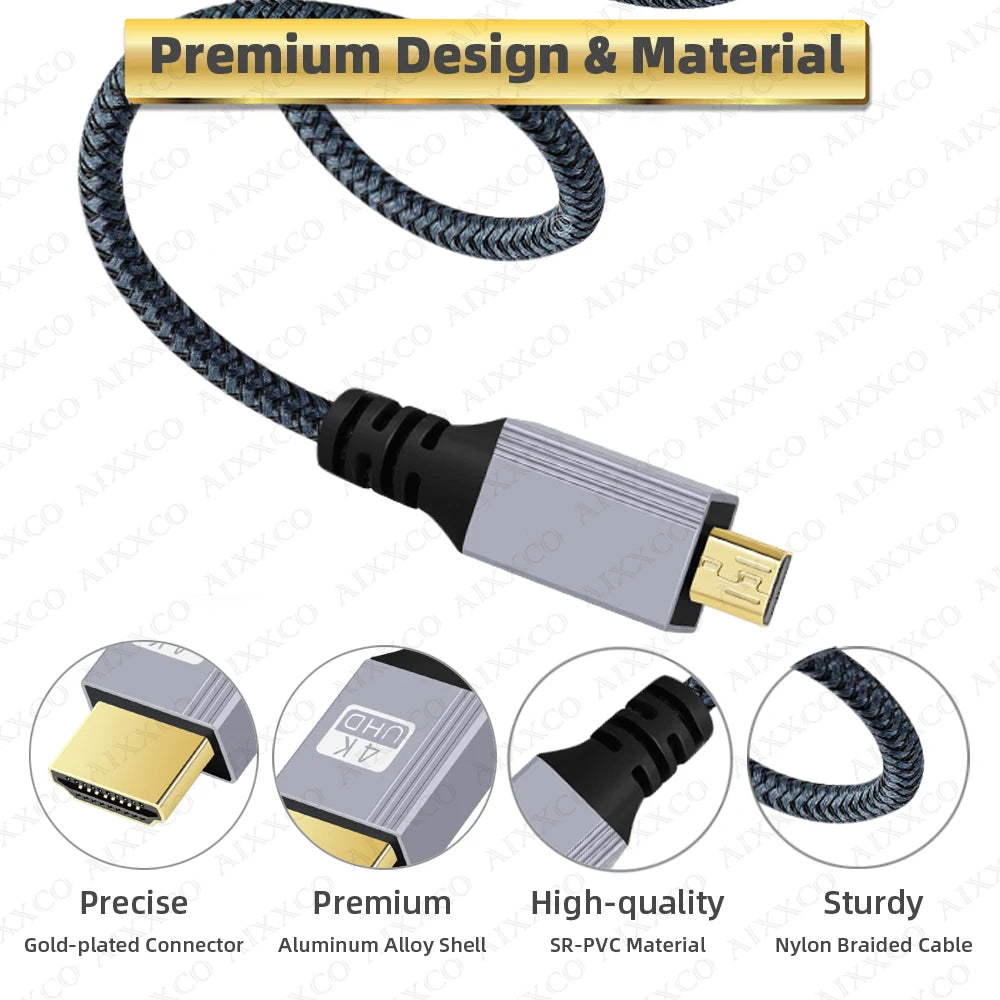 AIXXCO 1m 1.5m 2m 3m Micro HDMI-compatible 4K/60Hz 3D to HDMI-compatible Cable Male to Male For GoPro Sony Projector