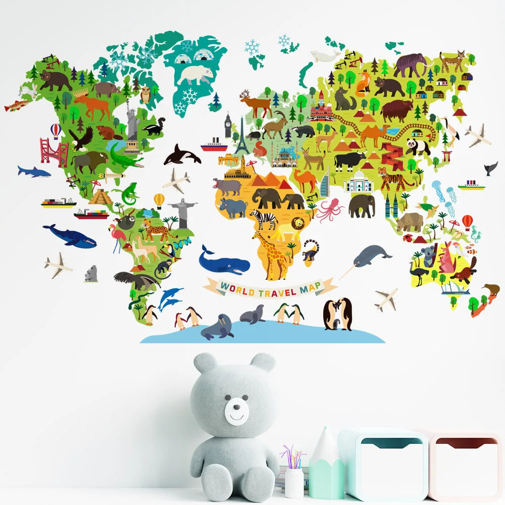 World Travel Map Block Wall Stickers Removable Decal for Display Window Nursery Study Room Decor Art Self-adhesive Posters Mural