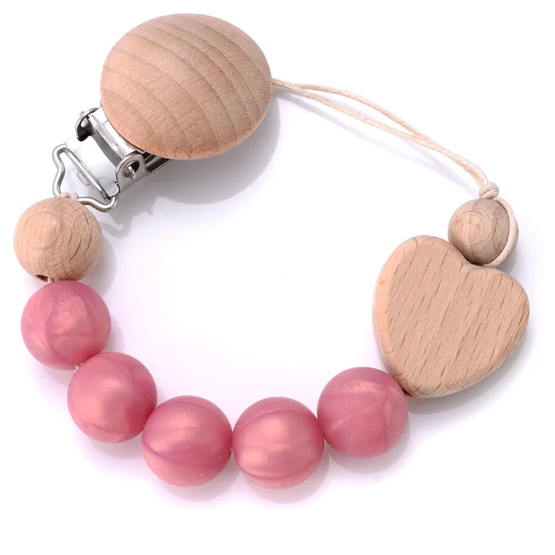 Baby Beech Pacifier Clips Heart Wood Silicone Pacifier Chain Baby Pacifier Clip Pendant Dummy Nipple Holder Anti-drop Accessory