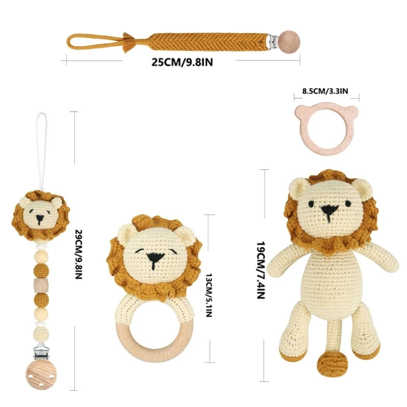 Woolen Yarn Baby Pacifier Chain Crochet-Lion Animal Teething Rings for Newborn G99C