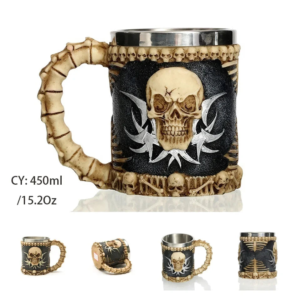 Coolest Gothic Skull Resin Stainless Steel Beer Mug Dragon Knight Tankard Halloween Coffee Cup Christmas Tea Mug Pub Bar Decor