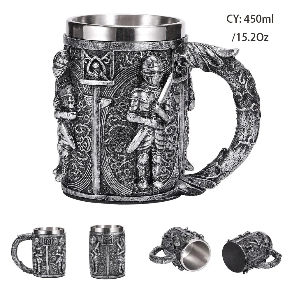 Coolest Gothic Skull Resin Stainless Steel Beer Mug Dragon Knight Tankard Halloween Coffee Cup Christmas Tea Mug Pub Bar Decor