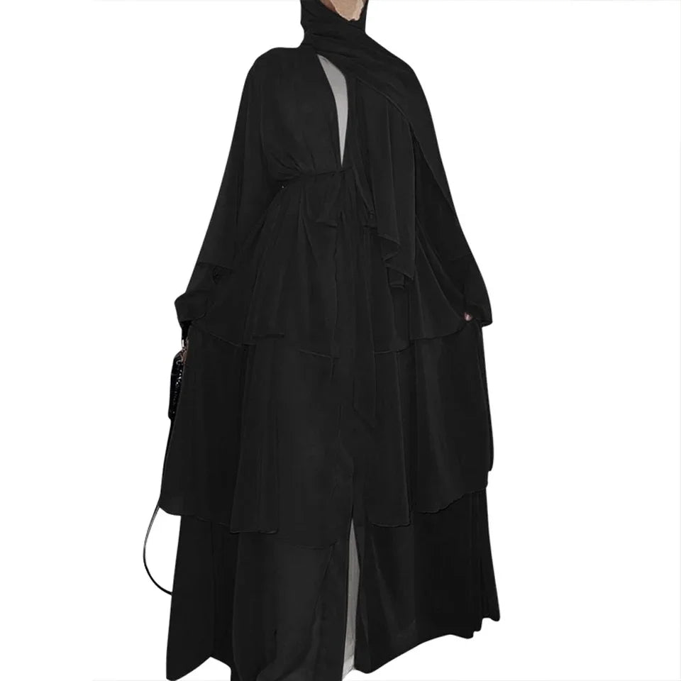 Chiffon Open Abaya Layered Women Kaftan Dubai Luxury Turkey Muslim Dress Islam Robe African Kimono Femme Clothing Caftan Fashion