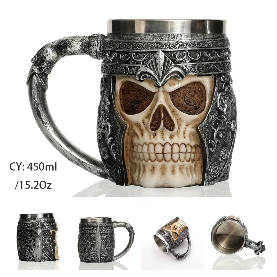 Coolest Gothic Skull Resin Stainless Steel Beer Mug Dragon Knight Tankard Halloween Coffee Cup Christmas Tea Mug Pub Bar Decor