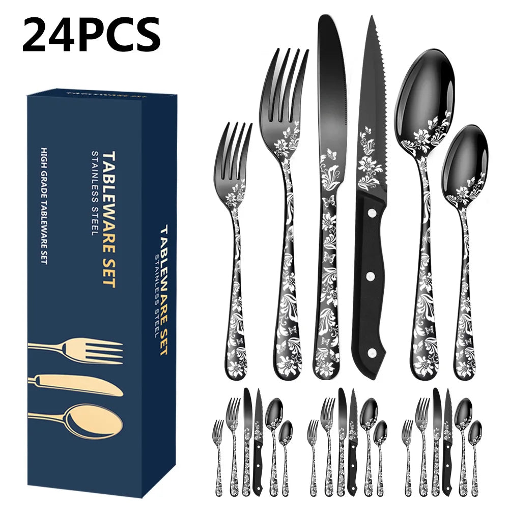 24-Piece Silverware Set with Steak Knives for 4, Unique Stainless Steel Flatware Cutlery Set, Include Fork Spoon Knife Set