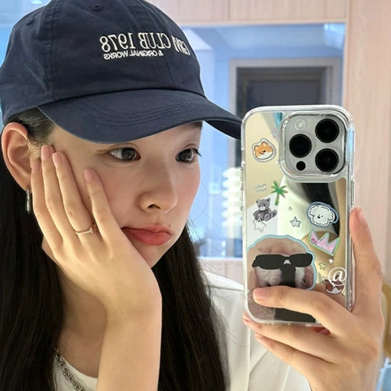 Korean Funny Sunglasses Puppy Makeup Mirror Phone Case For iPhone 16 15 14 Rro Max 13 12 11 Cute Cat Animal Y2K Shockproof Funda