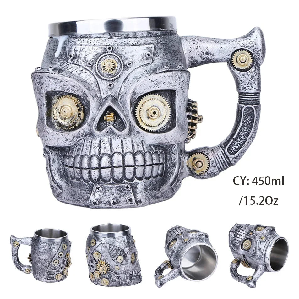 Coolest Gothic Skull Resin Stainless Steel Beer Mug Dragon Knight Tankard Halloween Coffee Cup Christmas Tea Mug Pub Bar Decor