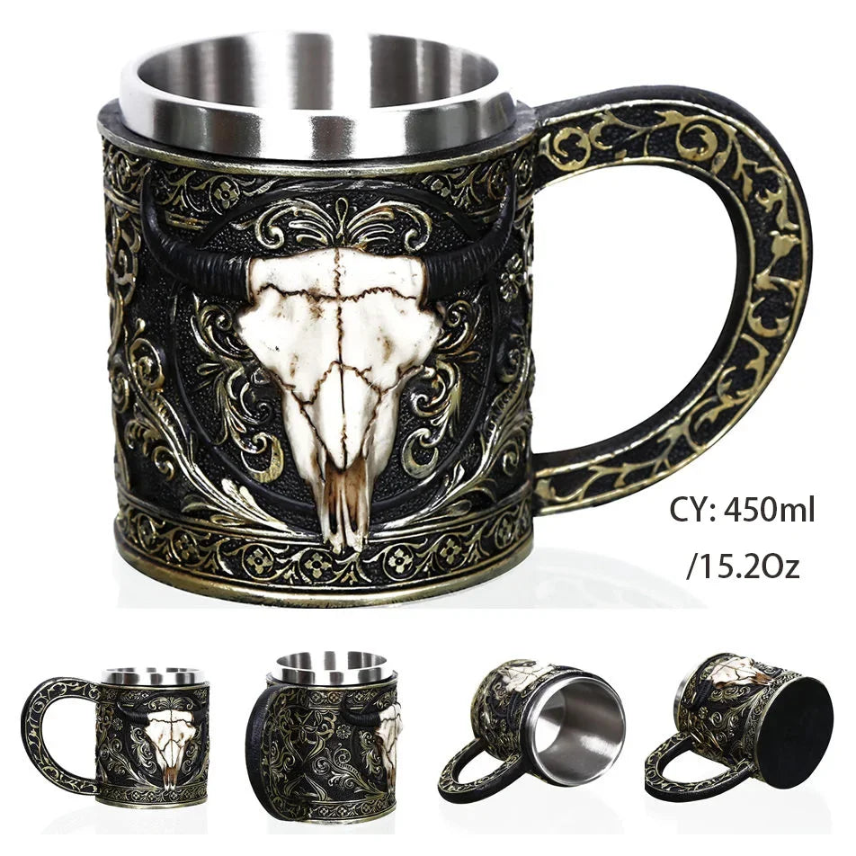 Coolest Gothic Skull Resin Stainless Steel Beer Mug Dragon Knight Tankard Halloween Coffee Cup Christmas Tea Mug Pub Bar Decor