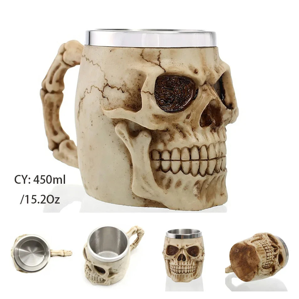 Coolest Gothic Skull Resin Stainless Steel Beer Mug Dragon Knight Tankard Halloween Coffee Cup Christmas Tea Mug Pub Bar Decor