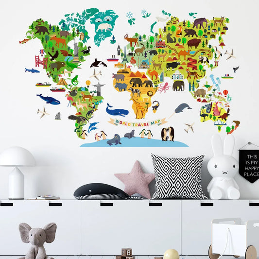 World Travel Map Block Wall Stickers Removable Decal for Display Window Nursery Study Room Decor Art Self-adhesive Posters Mural