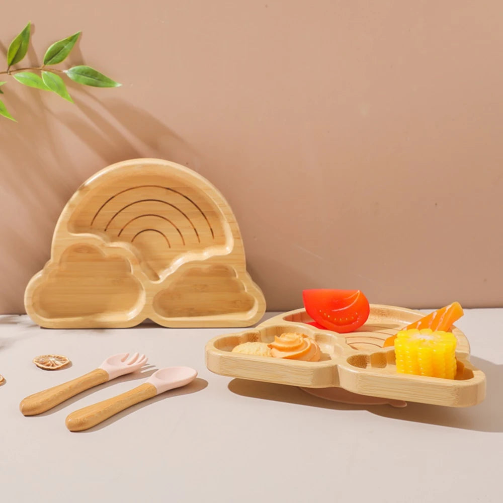 4pcs Bamboo Plate Sets Customized Baby Feeding Bowl Car Cloud Shaped Plate Spoon Fork Tableware Suction Plate Bowl Feeding Set