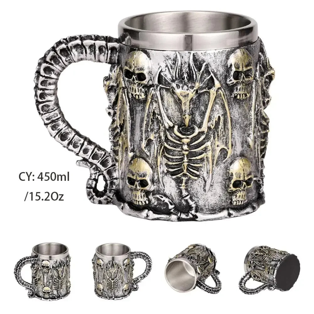 Coolest Gothic Skull Resin Stainless Steel Beer Mug Dragon Knight Tankard Halloween Coffee Cup Christmas Tea Mug Pub Bar Decor