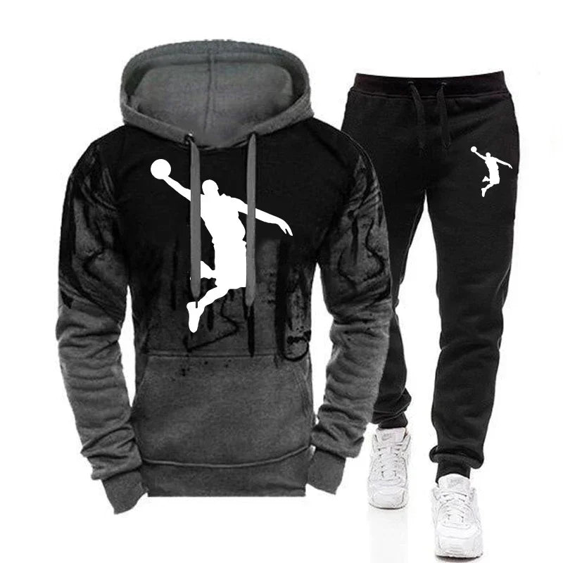 High Quality Mens Tracksuit Casual Splash-ink Hooded Sweatshirt Set Printing Sports Jogging Suit Autumn Warm Street Hot Clothing