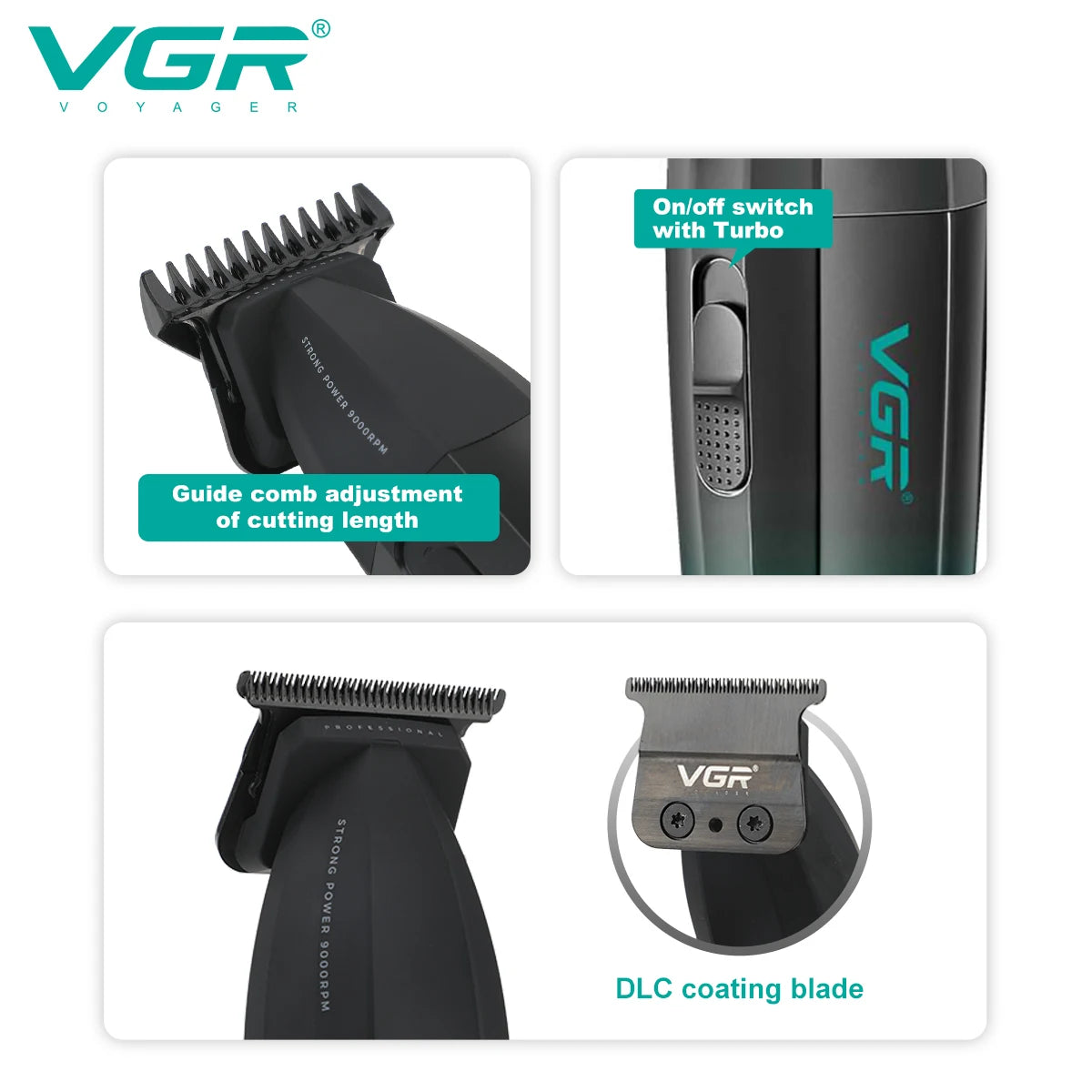 VGR Hair Clipper Electric Metal Hair Cutting Machine LED 9000 RPM Rechargeable Professional Trimmer Hair Clippers for Men V-906