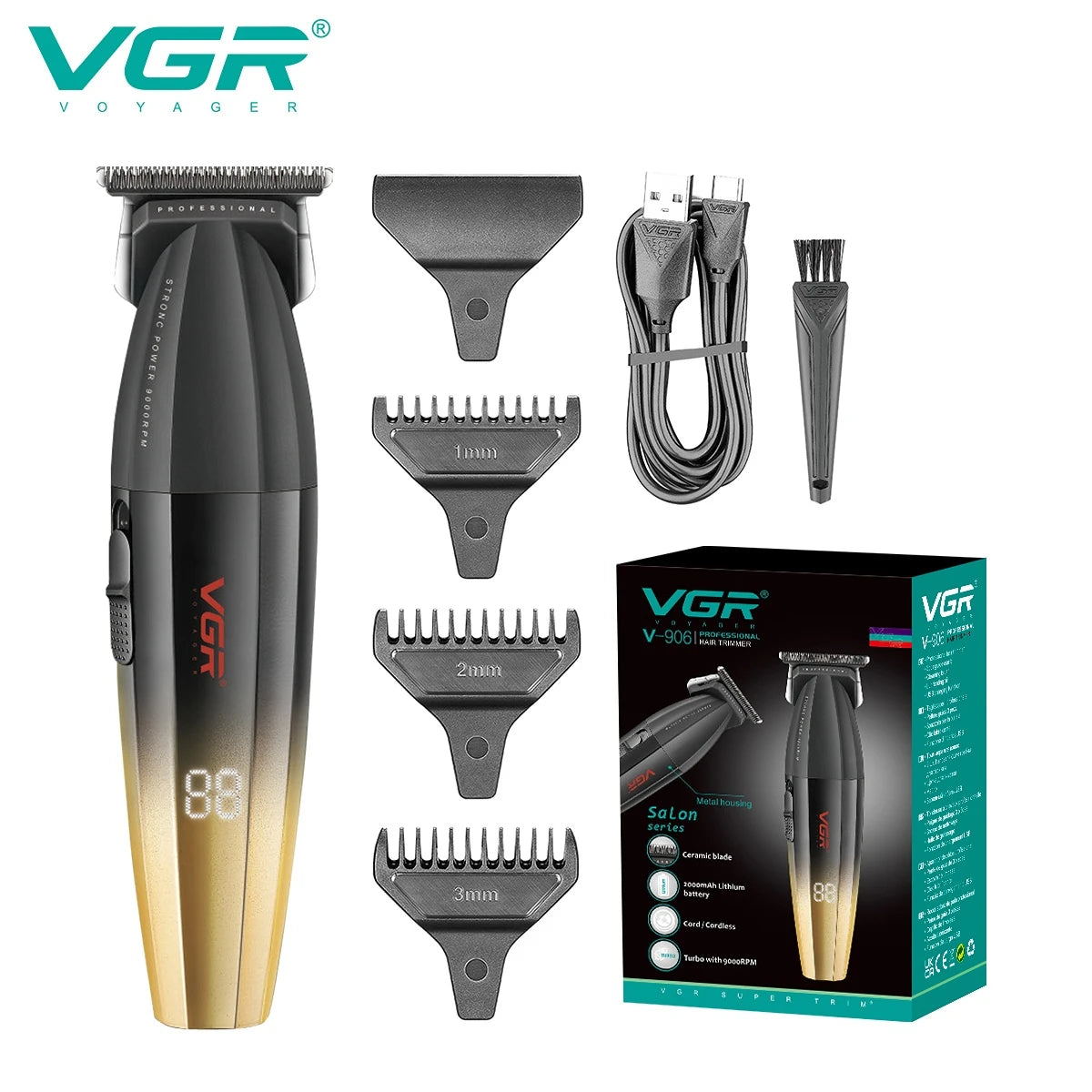 VGR Hair Clipper Electric Metal Hair Cutting Machine LED 9000 RPM Rechargeable Professional Trimmer Hair Clippers for Men V-906