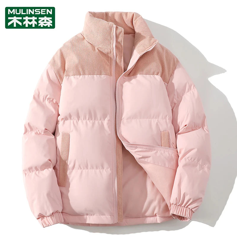 Winter Parkas Jacket Men Women Solid Patchwork Parkas Coat Loose Warm Thick Couple Jacket Korean Outwear Male Unisex Pink Green