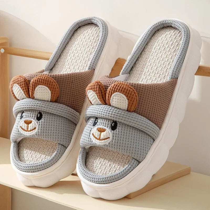 Cute Rabbit Slippers For Womens Autumn Cartoon Flip Flops Lady Cotton Linen House Shoes Slides Four Season Casual Home Slippers