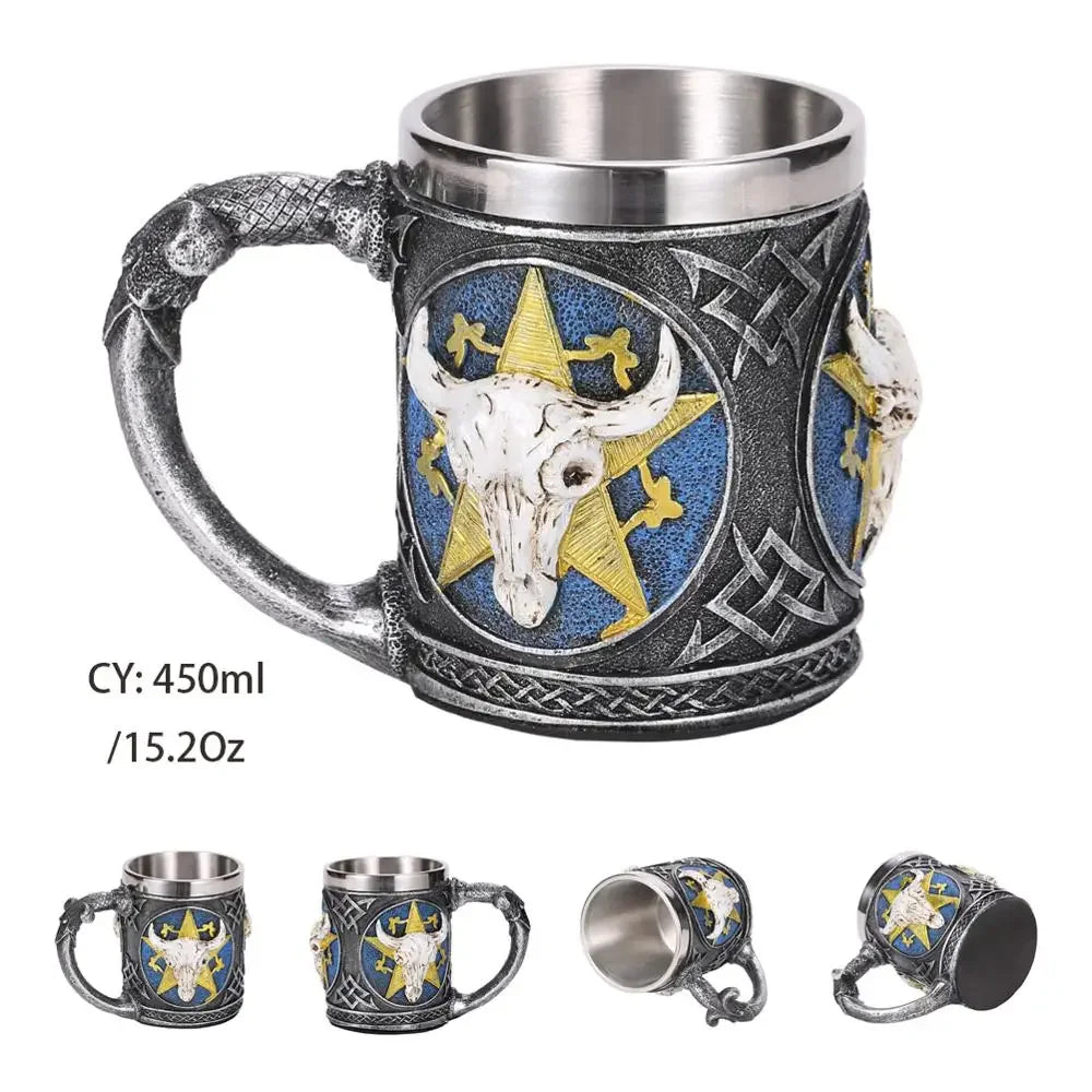 Coolest Gothic Skull Resin Stainless Steel Beer Mug Dragon Knight Tankard Halloween Coffee Cup Christmas Tea Mug Pub Bar Decor