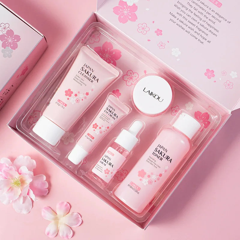 LAIKOU Sakura Skin Care Sets Facial Cleanser Eye Creams Face Cream Serum Lotion Toner Brightening Moisturizing Face Care Kit