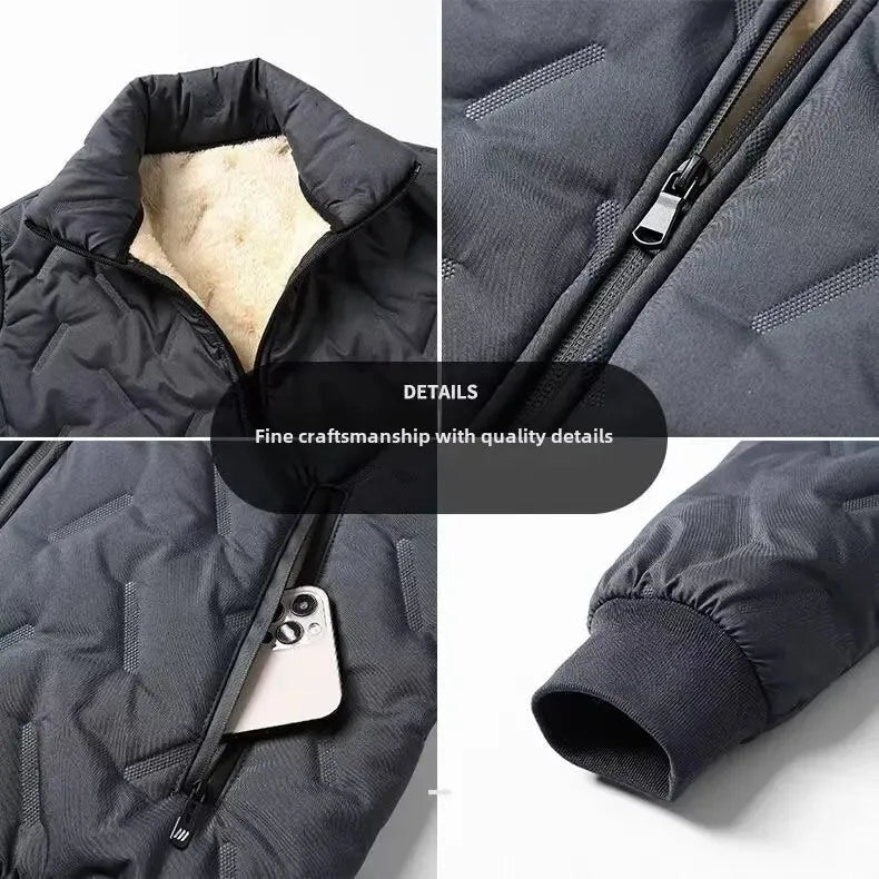 Men's Winter Jacket Fleece-Lined Windproof Thickened Sheep Cotton Coat Loose-Fit Plus Size Stand Collar Padded Jacket Warm Cotto