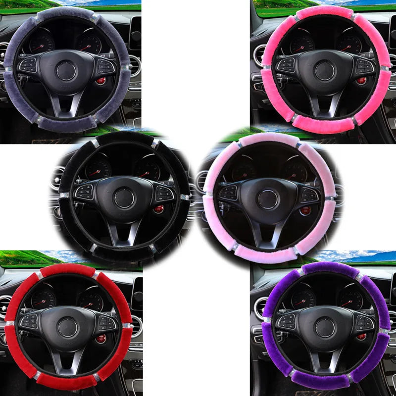 Universal 33cm Soft Plush Rhinestone Car Steering Wheel Cover Interior Parts Accessories Steering-Cover Protector Decoration