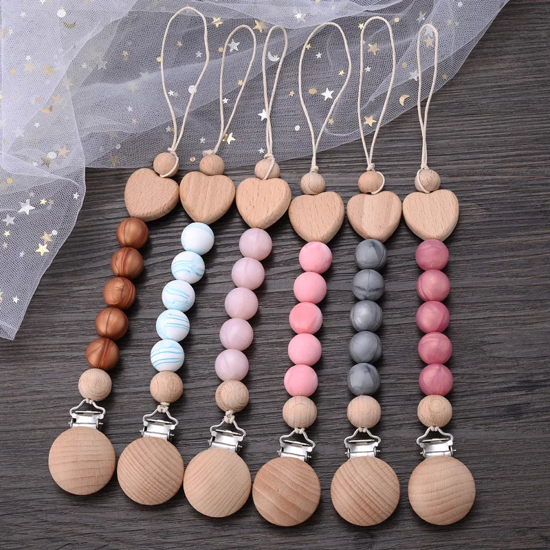 Baby Beech Pacifier Clips Heart Wood Silicone Pacifier Chain Baby Pacifier Clip Pendant Dummy Nipple Holder Anti-drop Accessory